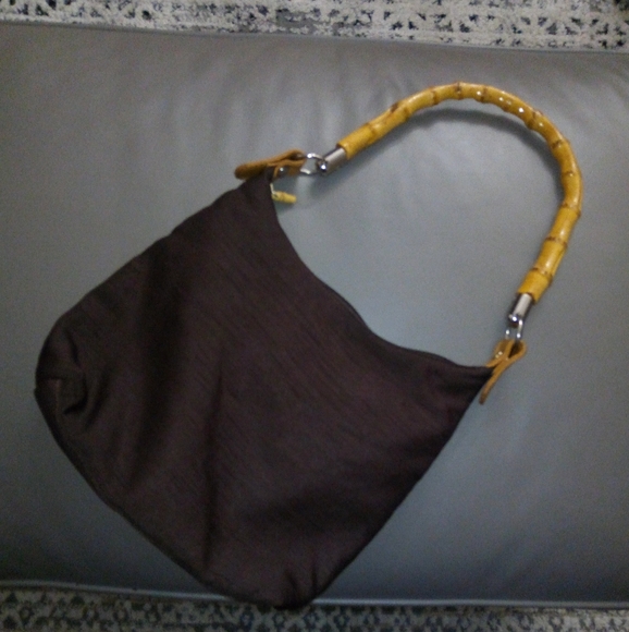 Silky Brown Satchel Purse with Bamboo Top Handle - Picture 5 of 10